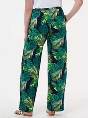 Denim & Co. Beach Pull-on Pants with Side Slits Palms Pattern Size ST